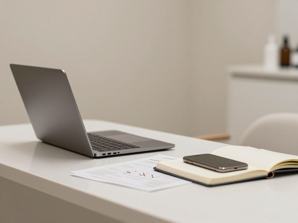 A calm clinic desk with a laptop and patient notes